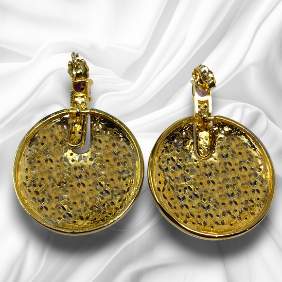 NEW Nadri Gold-Tone CZ Pavé Disc Drop Earrings Purple Statement Doorknocker - Picture 2 of 6